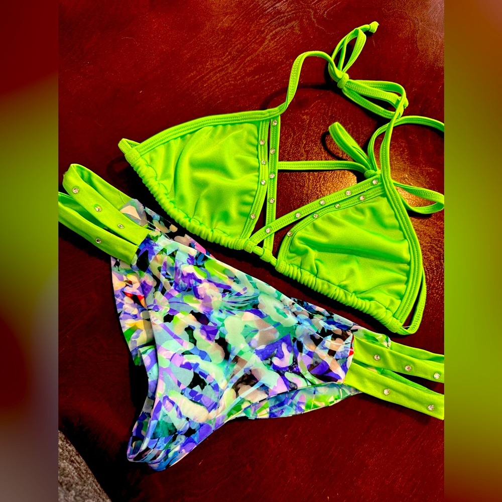 Custom made lime rhinestone bikini set size M